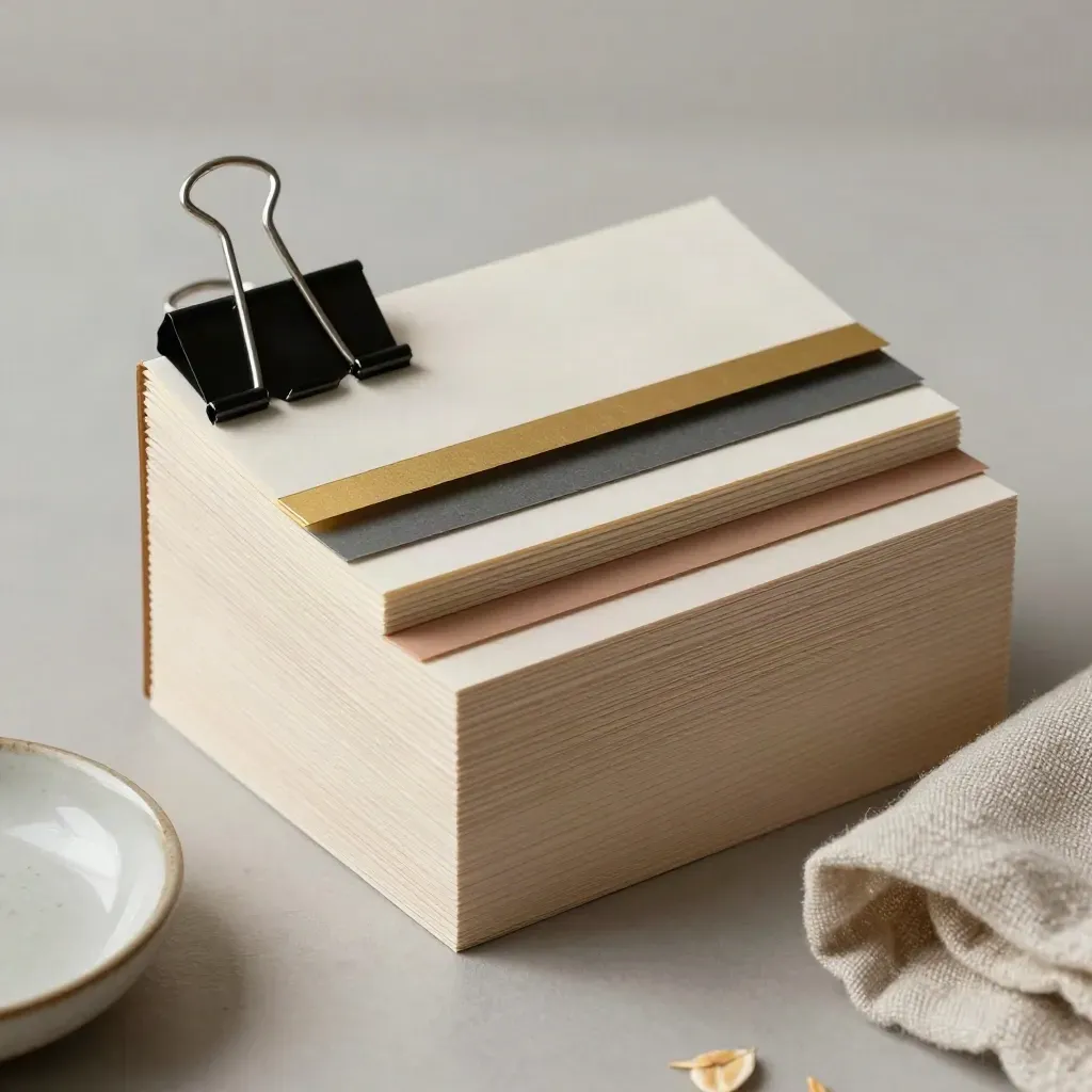 Index cards clipped in steps on pale wood with tabs and cloth, calm productivity still life