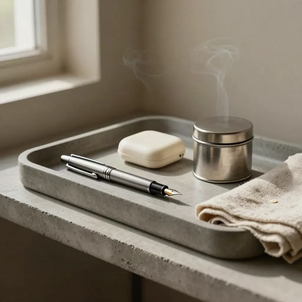 Tray with pen, earplugs case, tea tin, and linen napkin on stone shelf in soft window light.