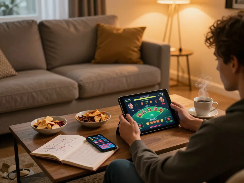 Person enjoying online casinos in Canada reddit through tablet, showcasing home gaming setup with cozy atmosphere