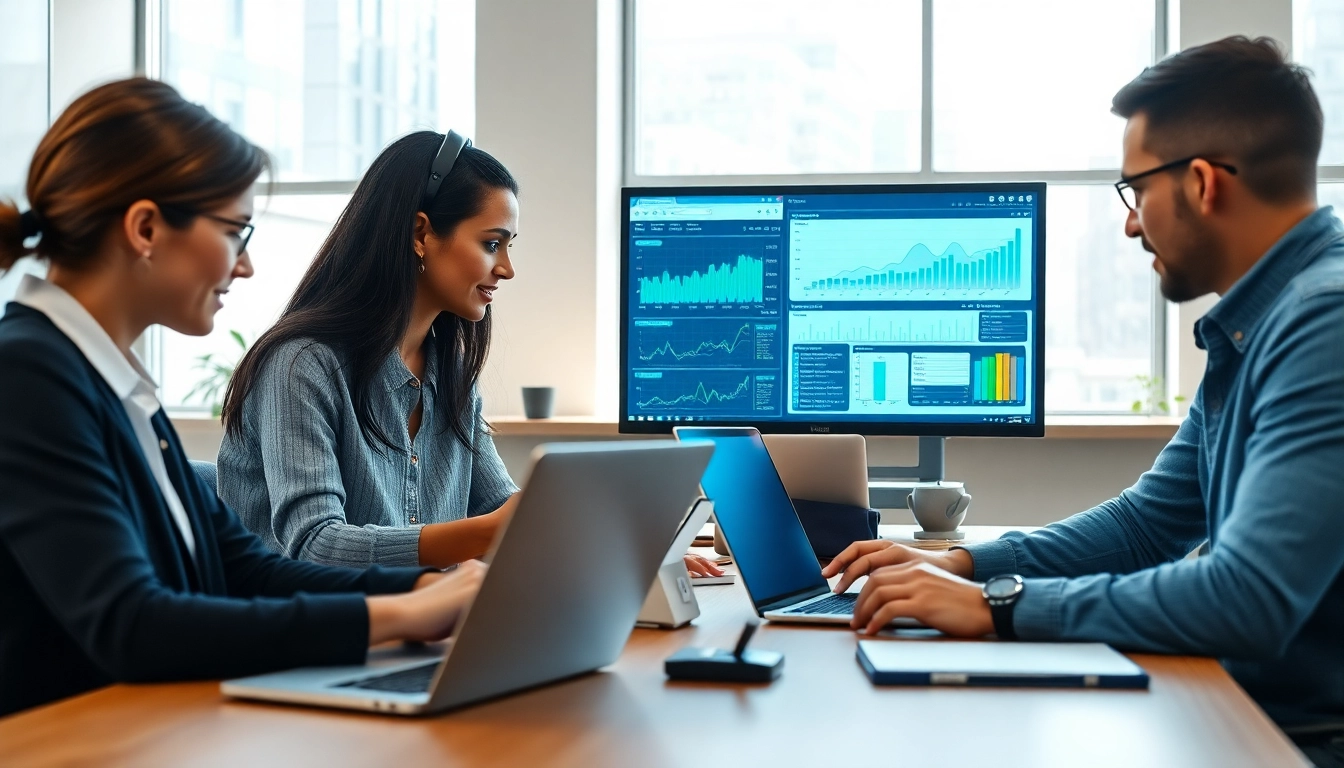 Engaged team utilizing enterprise assistant software in a modern workspace.