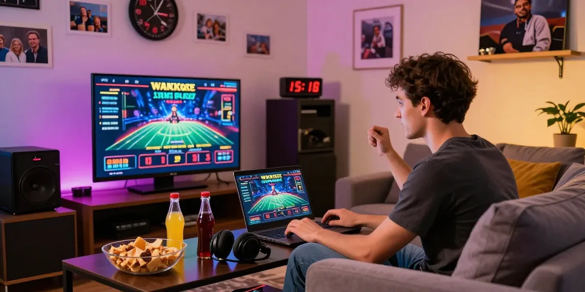 Player enjoying MBM娛樂 live gaming experience in a cozy modern living room.