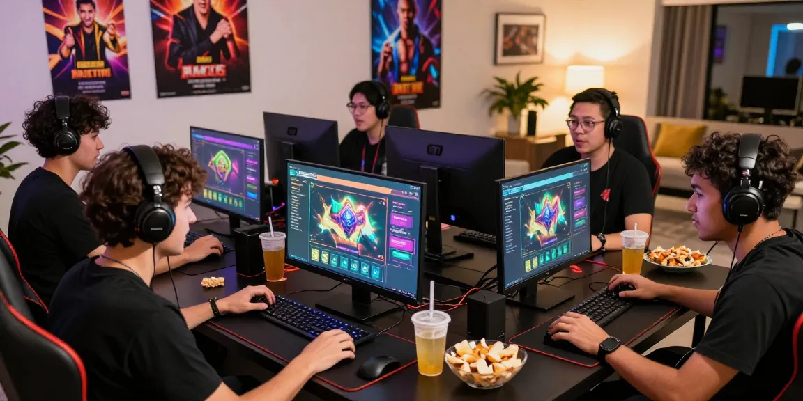 Excited players engaging with garuda303 online gaming platform, showcasing vibrant atmosphere and gaming gear.