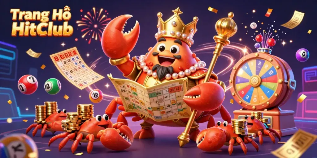 Experience vibrant gaming at Trang Chủ HitClub with a thrilling golden crab emperor amidst dynamic lottery elements.