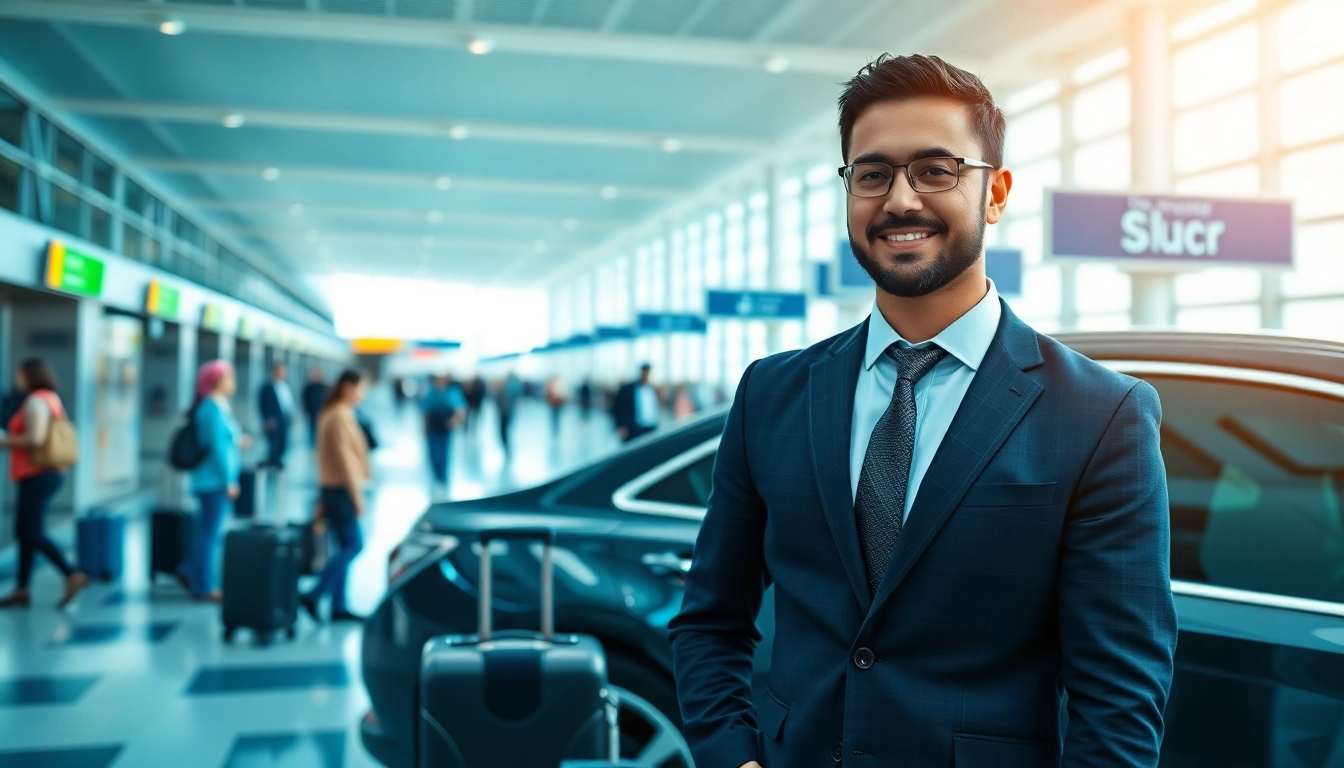 Offering Private Airport Transfers with a professional chauffeur next to a luxury vehicle at the airport.
