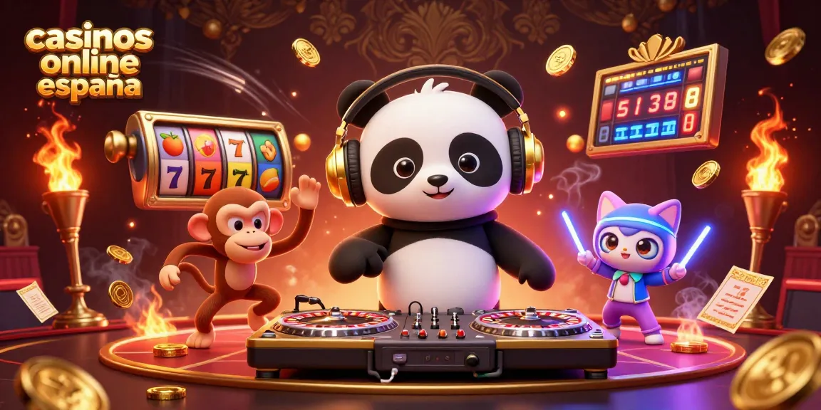 Juego emocionante en casinos online en España con panda DJ, mono y gato en un ambiente lúdico.