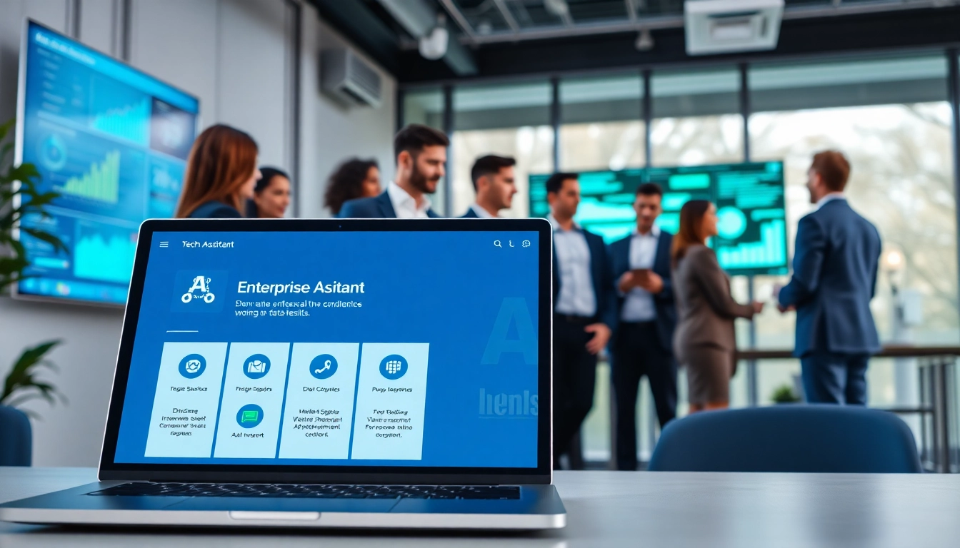 Illustrative view of enterprise assistant software on a laptop with team collaboration in the background.