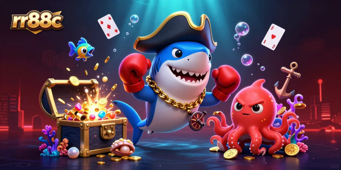 Engage with thrilling casino games at rr88c featuring a pirate shark, pufferfish, and octopus, amidst underwater treasures
