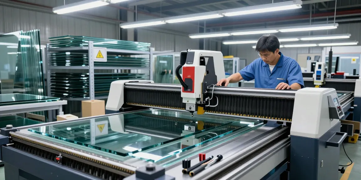 Technician using cutting machine glass in a modern facility.