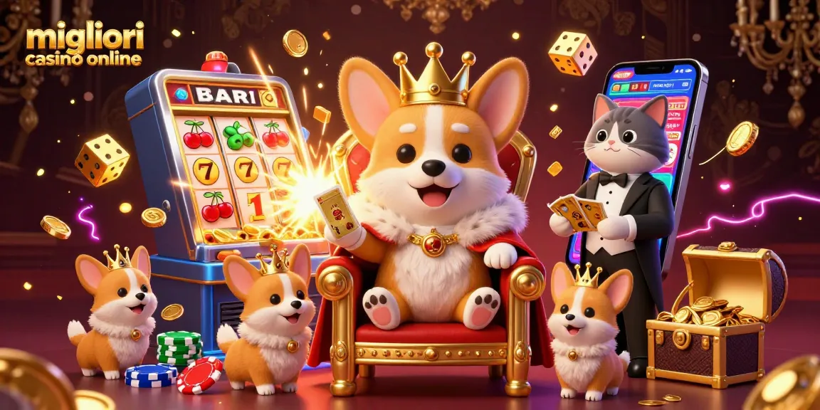 Scopri le migliori caratteristiche dei migliori casinò online con un'illustrazione vivace di un corgi reale su un trono di fiches da poker, circondato da elementi dinamici del casinò.