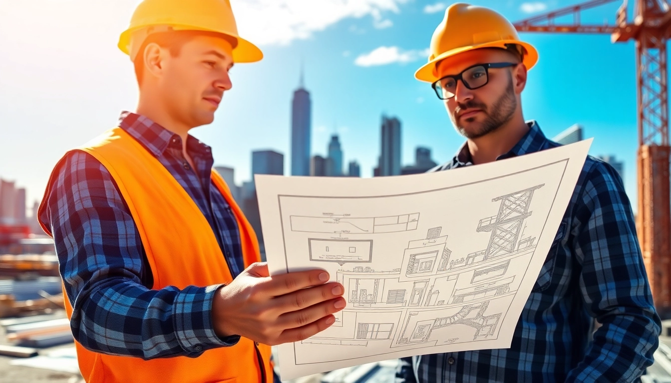 New York General Contractor managing a bustling construction site against a city skyline.