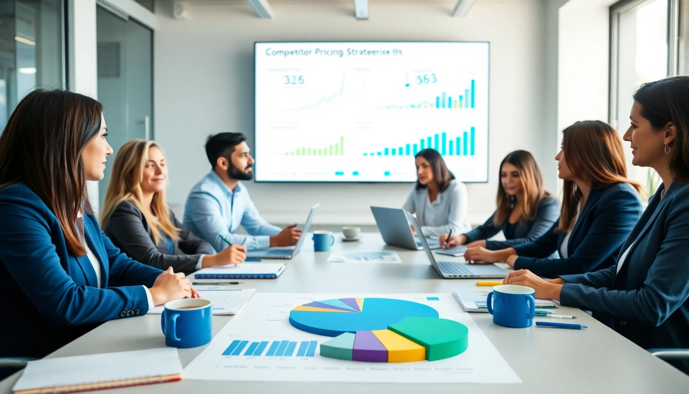 Team of professionals analyzing competitor pricing strategies in a modern office.