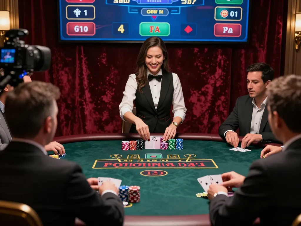 Players engaging with professional dealer in an rr88c live blackjack game, showcasing intense focus and vibrant casino atmosphere.