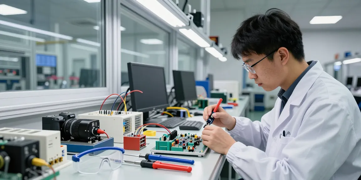 Engineer crimping connectors in a modern electronics facility, showcasing crimp connectors and tools.