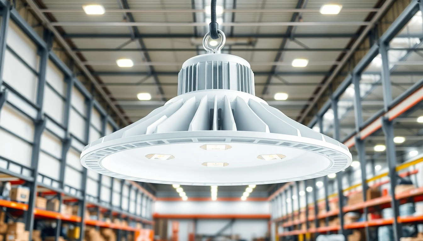 LED high bay verlichting voor een heldere werkruimte in een modern magazijn.