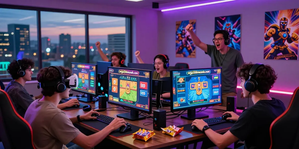 Group of friends enjoying online gaming excitement at https://raja328masuk.com/ with colorful gadgets and city view.