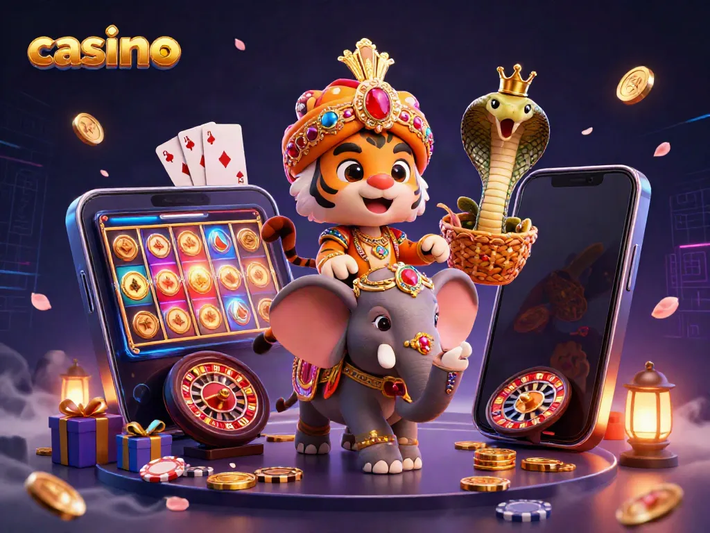 Engage with the vibrant casino world featuring a maharaja tiger, jewel-encrusted elephant, and immersive game elements.