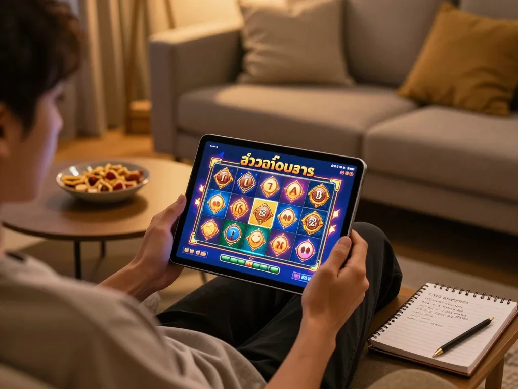 Engaging สล็อตทดลอง gaming experience on a tablet in a cozy home environment.
