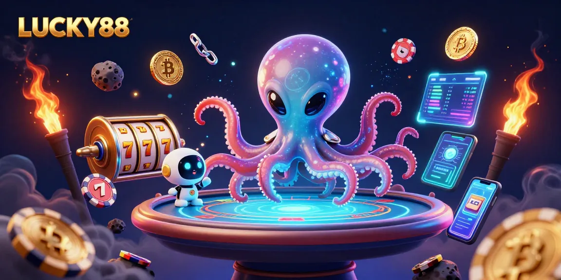 Engage with the LUCKY88 casino scene featuring an alien octopus at a holographic poker table.