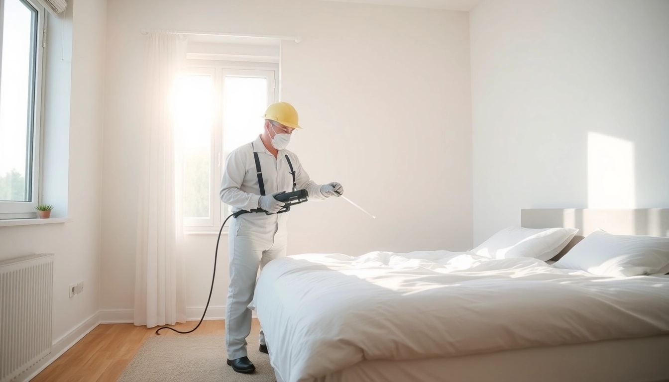 Technician performing bed bug heat treatment to eliminate infestation in a bedroom.