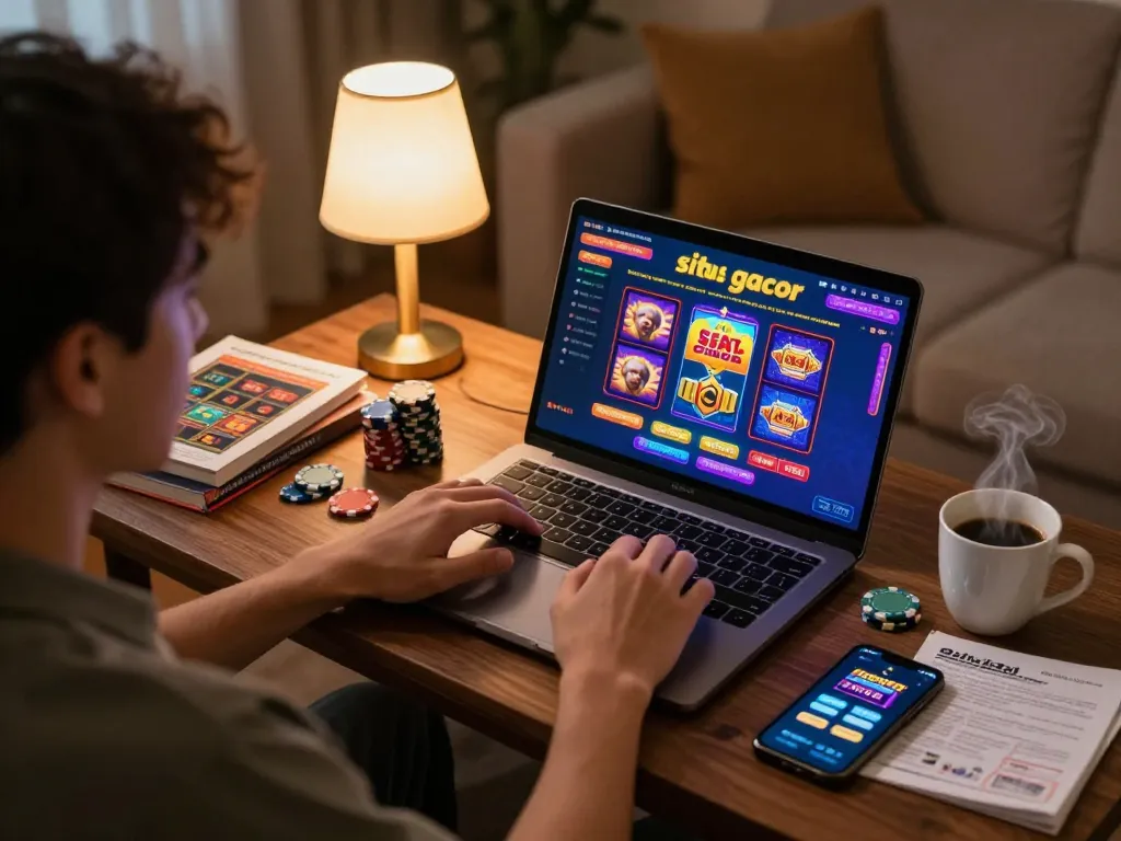 Player engaging in situs gacor slot gameplay on laptop at home, emphasizing strategic gaming.