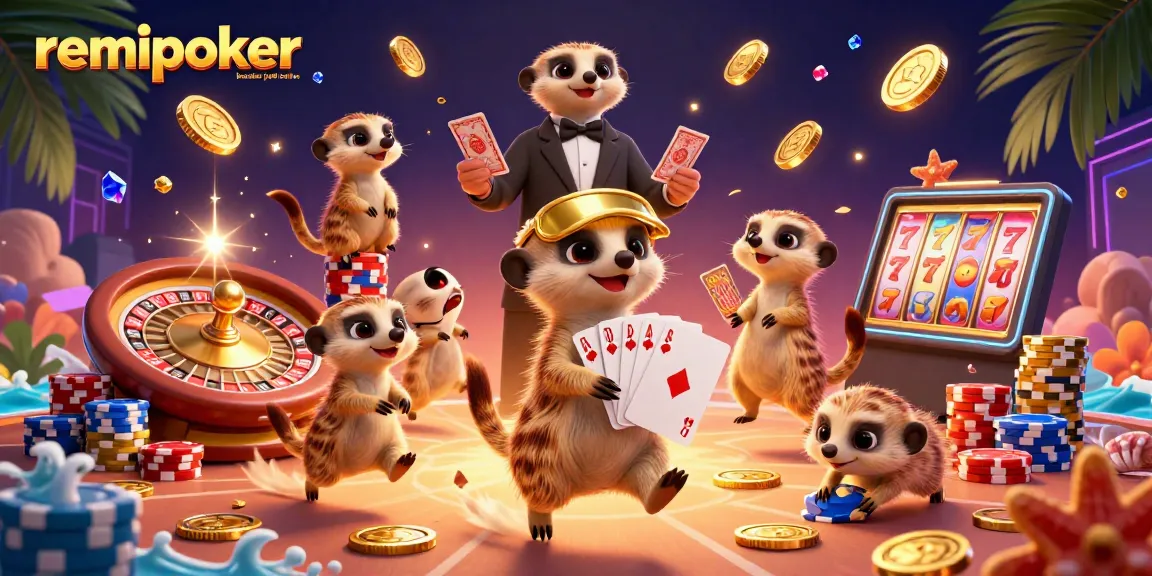 Experience thrilling gameplay at Remipoker bandar judi online with an exciting casino scene featuring adorable meerkats.
