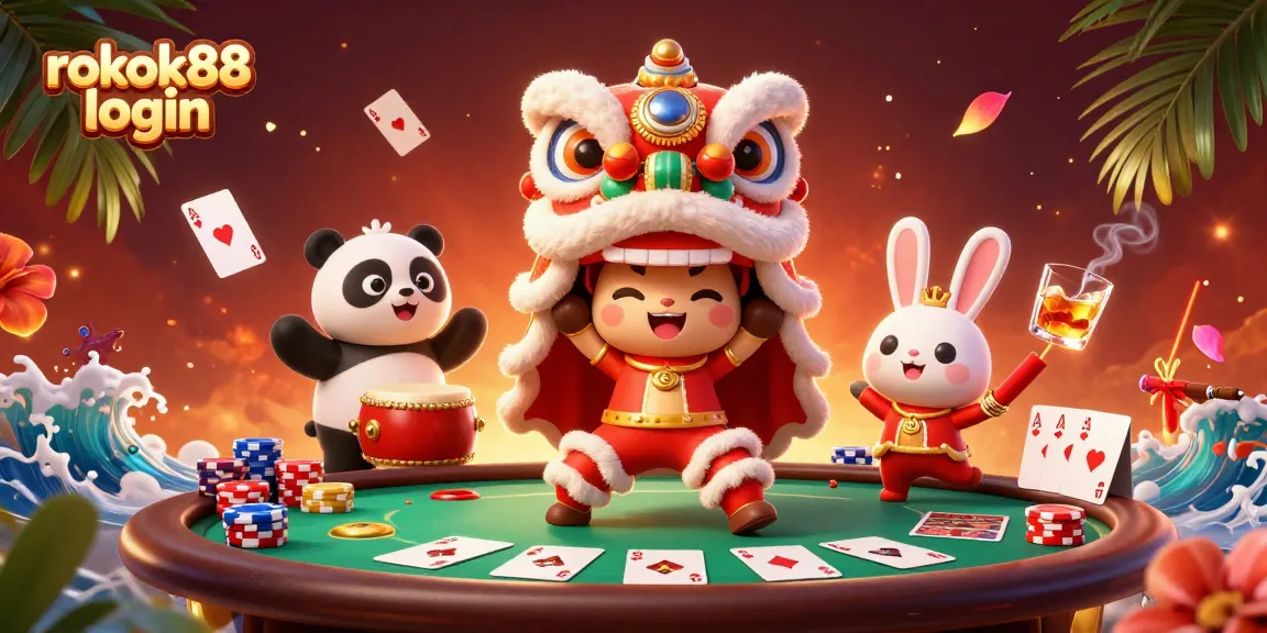 Engage in thrilling gameplay at rokok88 login with vibrant casino-themed illustration featuring lively characters.