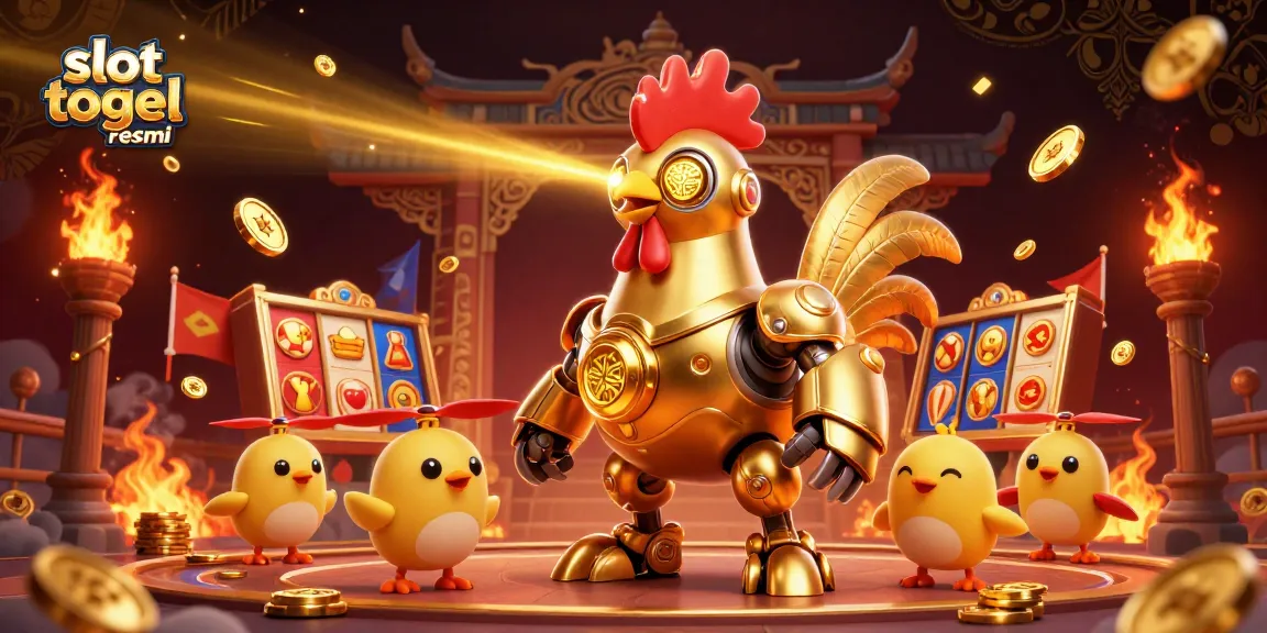 Experience the thrill of slot togel resmi with vibrant golden symbols and dynamic characters in this captivating illustration.