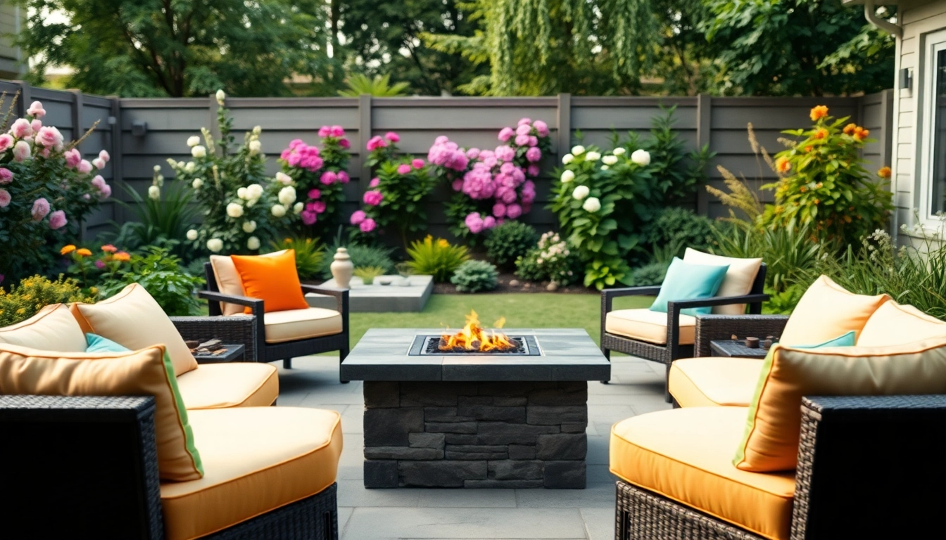 View of inviting outdoor furniture surrounding a fire pit in a vibrant garden setting.
