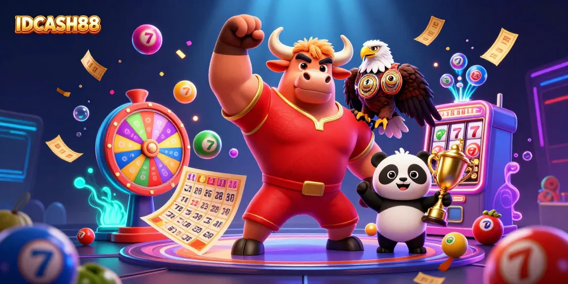 Experience the thrill of winning at IDCASH88 with exciting slot reels and a vibrant 3D casino scene.
