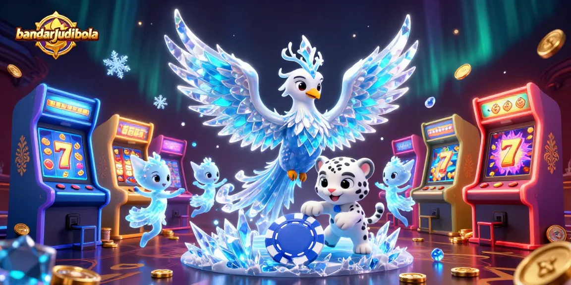 Engage with bandarjudibola in a vibrant casino atmosphere filled with ice phoenixes and arcade games.