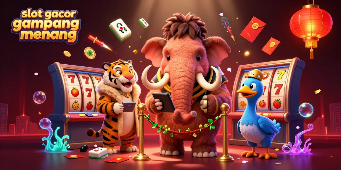 Ilustrasi kartun 3D slot gacor gampang menang dengan mammoth bouncer, tamu VIP harimau, dan penjaga pintu dodo dalam suasana kasino yang megah.