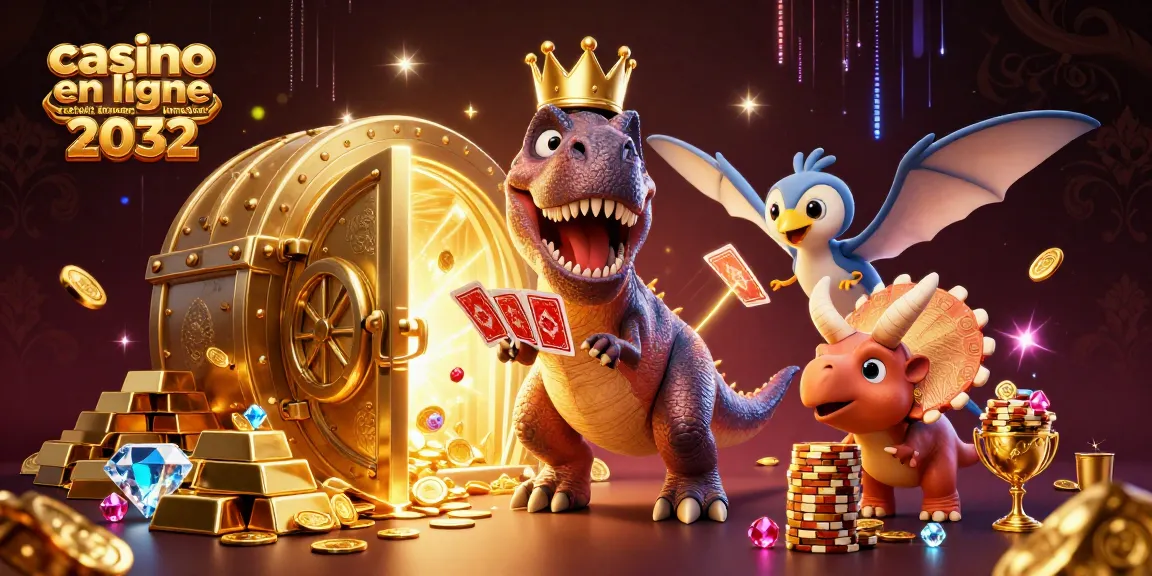 Casinos en ligne retrait immédiat 2032, un T-Rex et un pterodactyle animés au casino, jouant avec des jetons en or.
