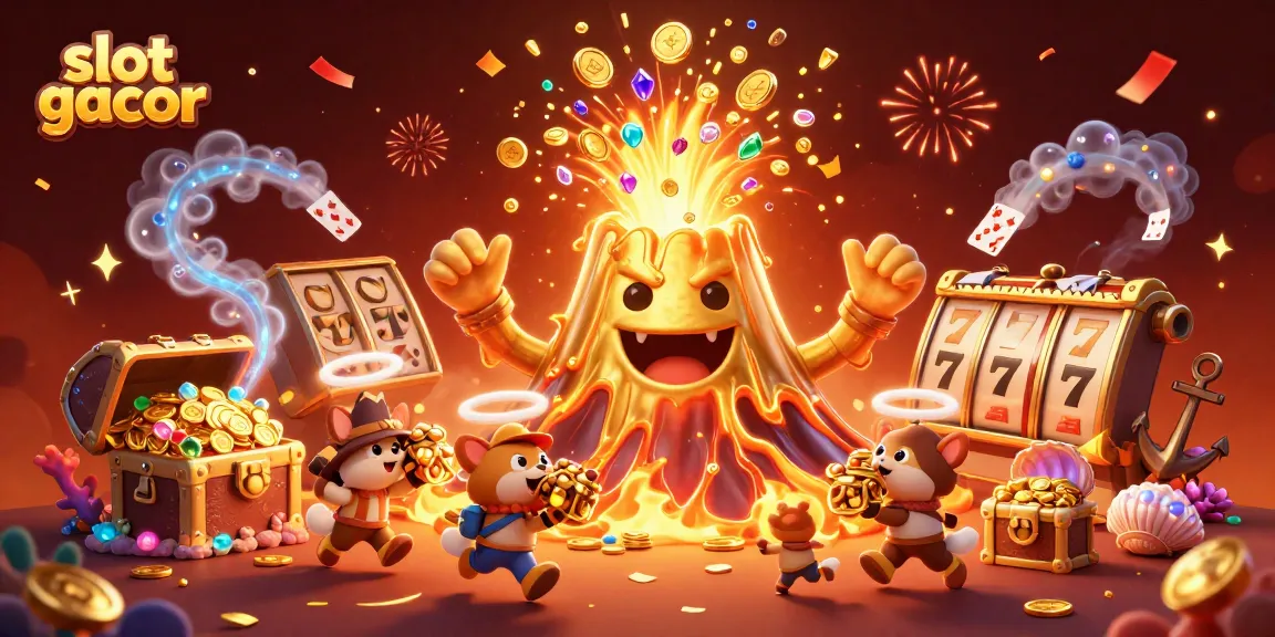 Slot gacor menghadirkan ilustrasi animasi 3D dengan gunung berapi emas memuntahkan koin dan harta karun untuk menarik pemain.