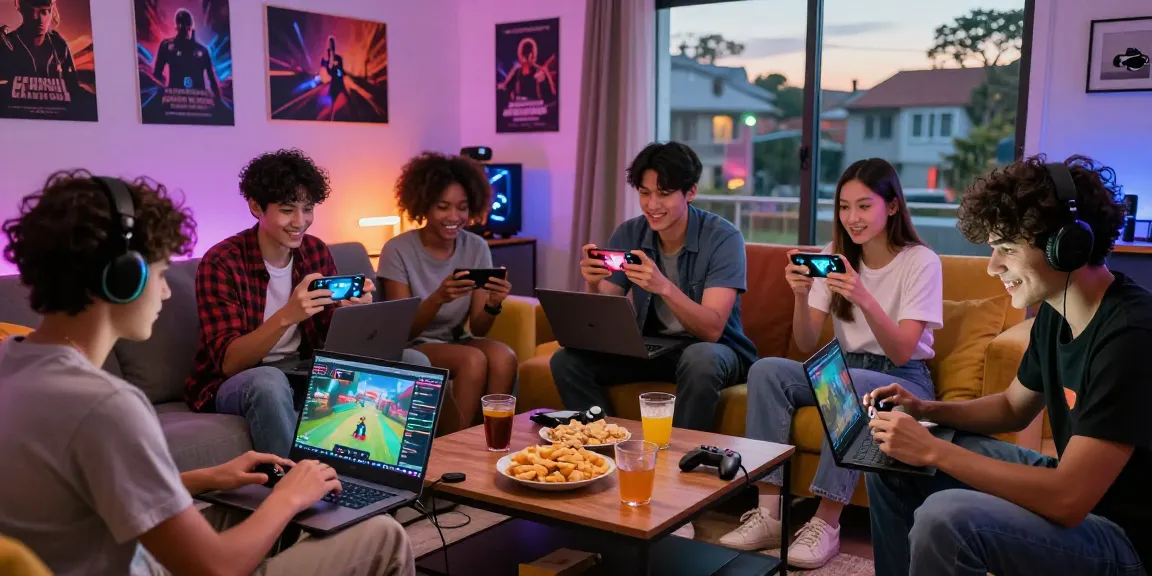 Friends enjoying online gaming on GARUDA303, vibrant atmosphere with gaming equipment and snacks.
