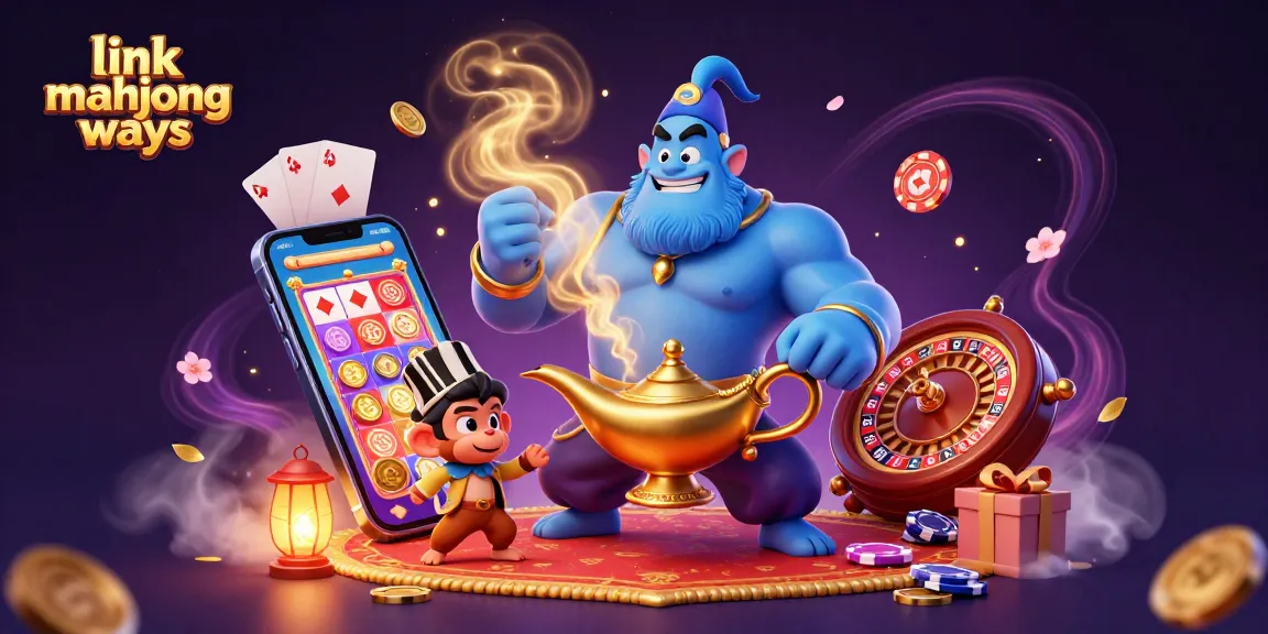 Play link mahjong ways with excitement as a blue genie bursts from a lamp surrounded by thrilling casino elements.