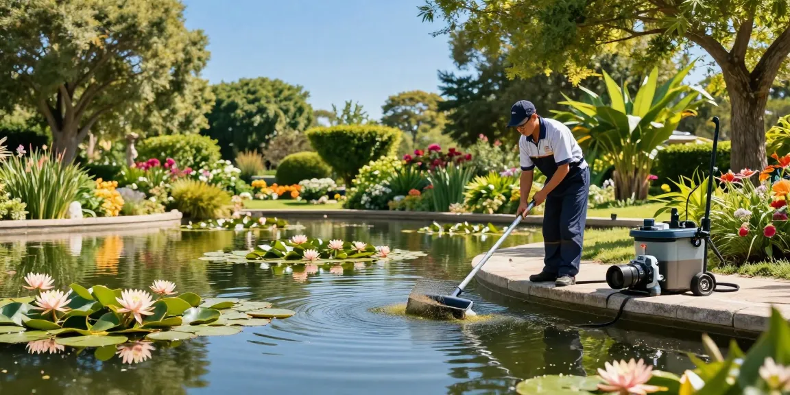 Professional Pond Cleaning Essex service in action, showcasing pond cleaner removing debris from a serene garden pond.