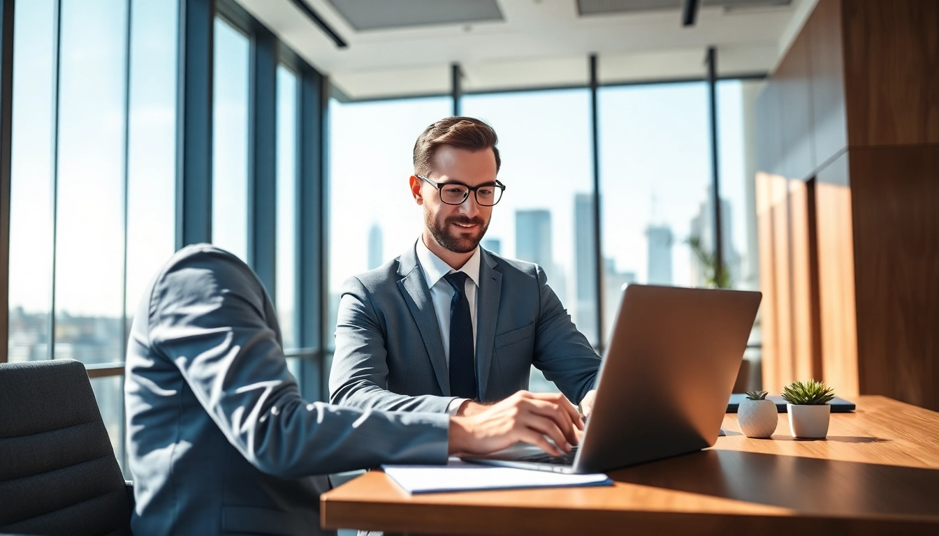 Engaging executive search consultant analyzing profiles in a modern office.