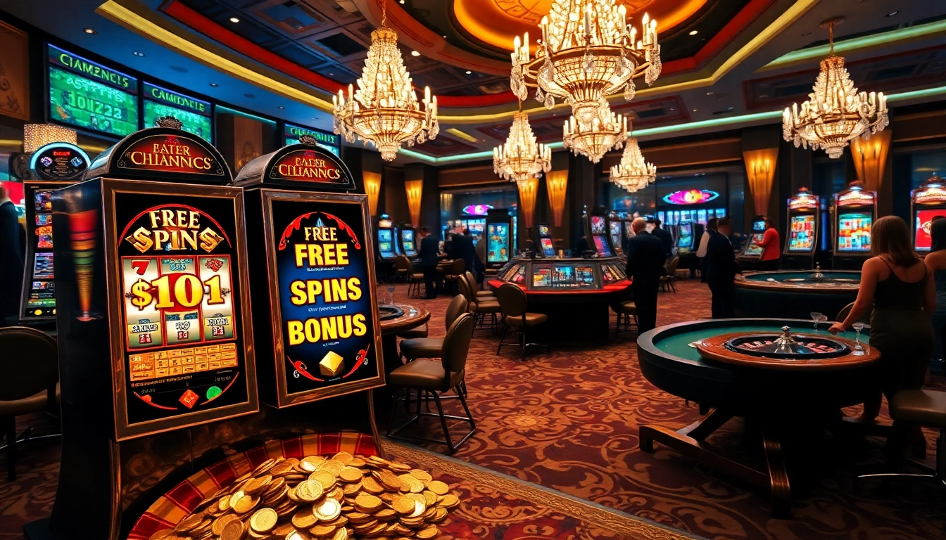 Experience thrilling free spins bonuses on slot machines, surrounded by vibrant casino atmosphere.