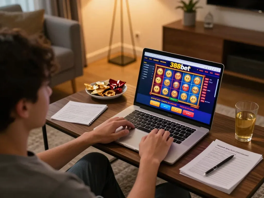 Engaging online gaming moment with 388bet interface on a laptop, showcasing responsible gambling environment.