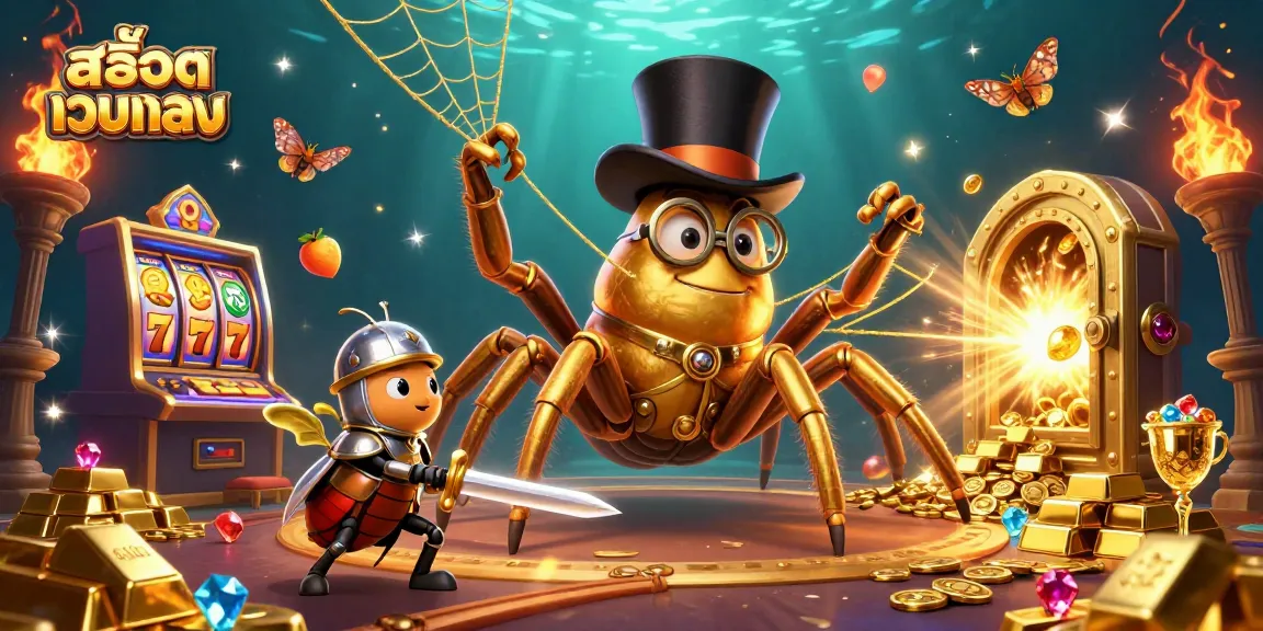 Win big at สล็อตเว็บตรง with a vibrant scene of a golden spider weaving luck in a rich casino environment.