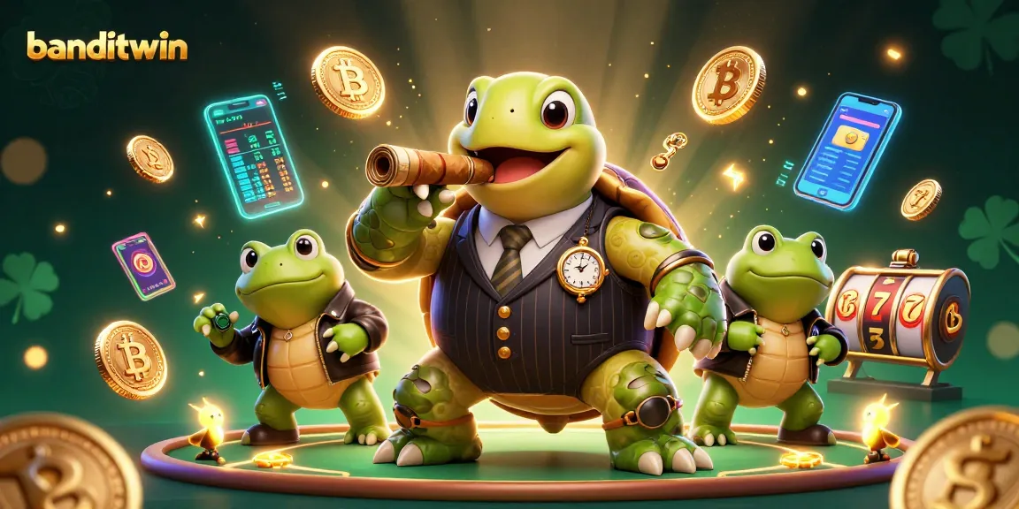 banditwin menyajikan suasana kasino dengan kura-kura pemimpin dalam setelan elegan dan elemen slot yang mencolok
