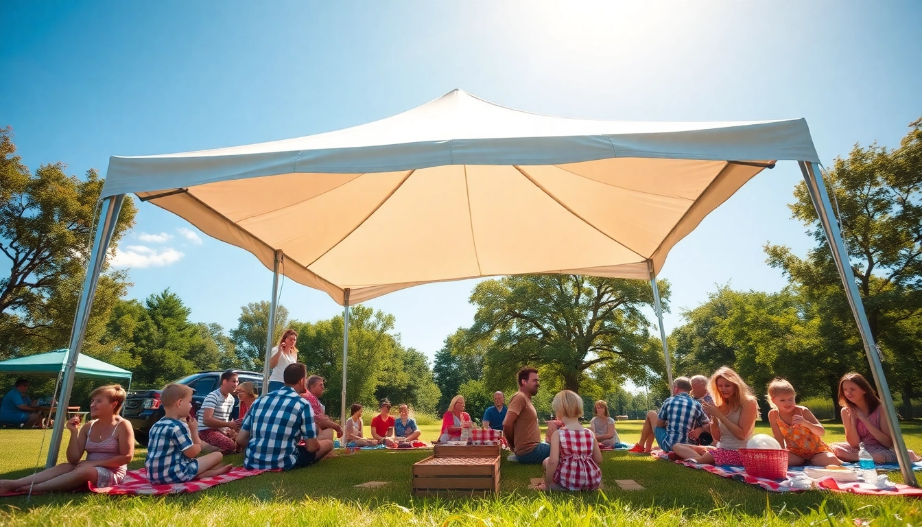 Families enjoying a picnic under a stylish canopy tent, creating a vibrant outdoor scene.