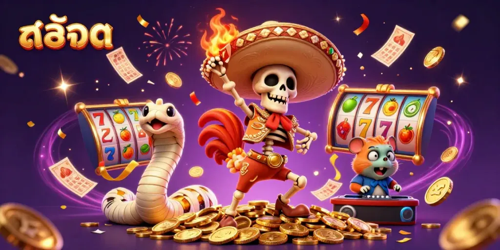 Slot game celebration with a mariachi rooster, mummy snake, and DJ hamster surrounded by vibrant casino elements.