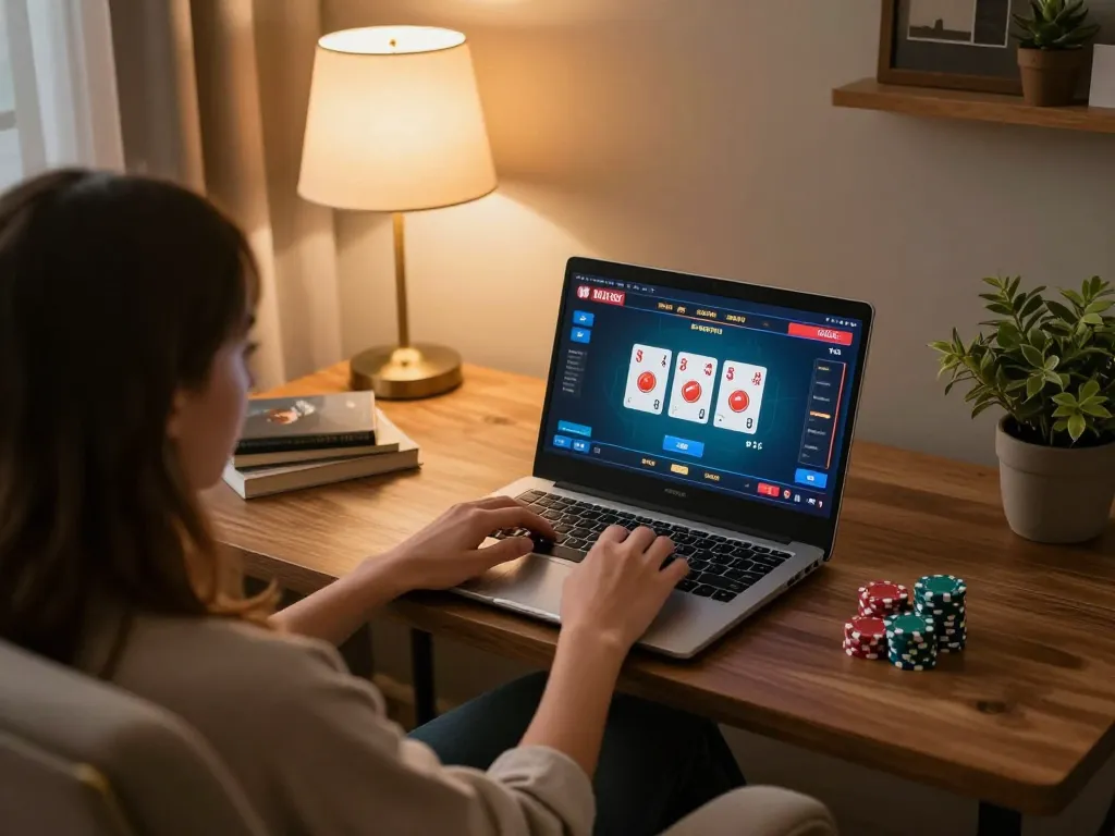 3win actor engaging in responsible online gambling using laptop with poker interface displayed