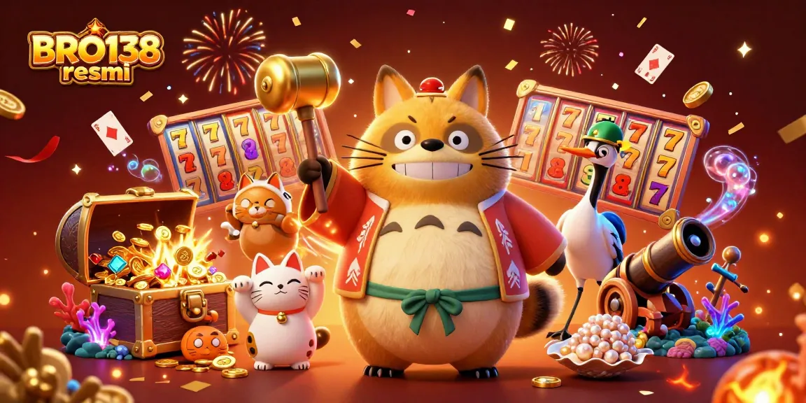 Experience exciting gameplay at BRO138 resmi with a cheerful tanuki and fortune cats in a vibrant casino scene.