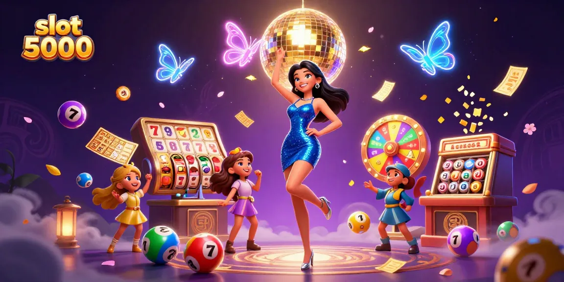 Engage with the vibrant slot 5000 scene featuring jackpot reels, 3D dancing woman, and dynamic casino elements.