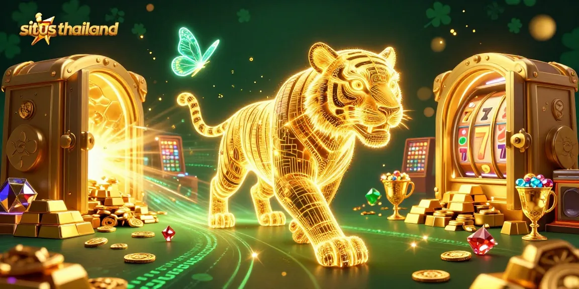 Experience excitement with situs thailand in a vibrant online casino illustration featuring a neon tiger and treasures.