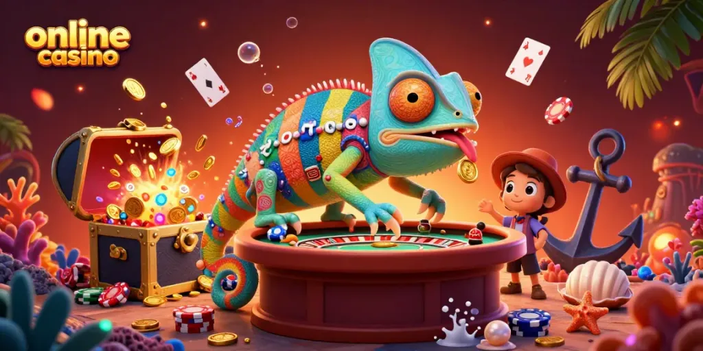 Engaging scene depicting an online casino setup with a vibrant chameleon owner, showcasing dynamic games and treasures.
