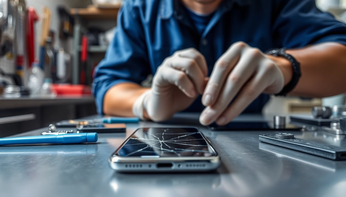 Offering cash for cracked phone as a technician repairs it in a well-organized workshop.