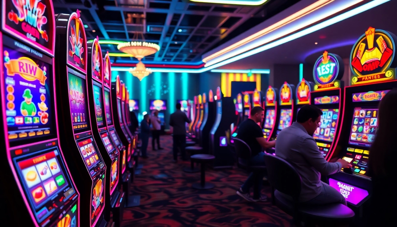 Menggambarkan permainan slot depo 1k dengan mesin slot berwarna-warni dan suasana kasino yang meriah.